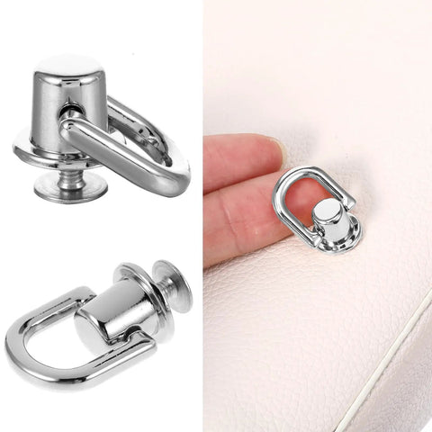 4 Pack D Rings for Purses With 360 Degree Rotatable Stud Screw Balls on white leather background, polished silver finish