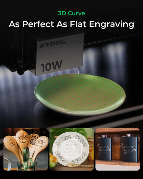 10W Laser Engraver With Air Assist And Honeycomb Bed engraving on curved plate, desktop Class 1 safety laser for beginners