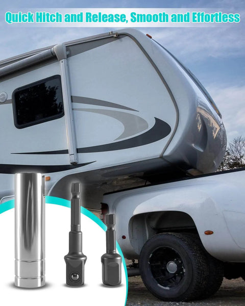 Crank Handle Adapter For Coleman Fleetwood Pop Up Campers With Three Eighth Inch Socket Drill Attachment in use on camper trailer.