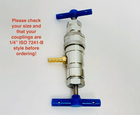 One Quarter Inch Hydraulic Quick Coupling Pressure Decompression Tool ISO 7241-B Relief shown with blue handles