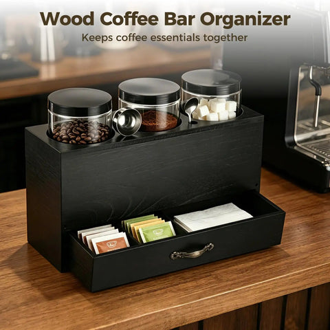 Wood Coffee Bar Organizer Countertop Dispenser Rack With Three Clear Jars And Spoons Two Tier Storage Drawer dustproof container for coffee essentials.