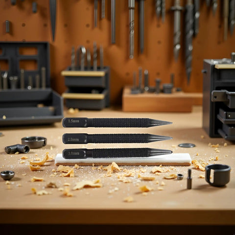 3 Piece Center Punch Set With 4 Inch High Carbon Steel Black Finish Pro Grade Hand Tools on workshop table