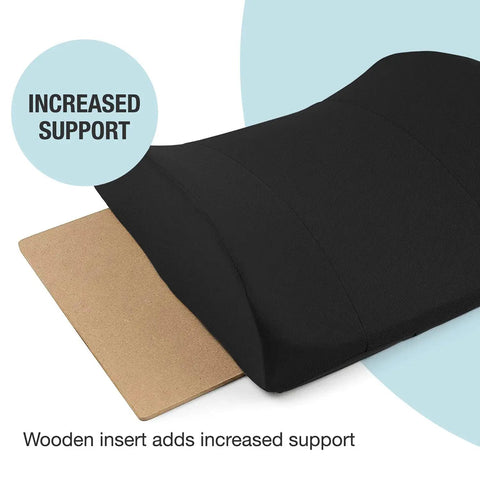 Premium Lumbar Support Pillow For Chair With Ergonomic Contoured Foam Insert Designed To Ease Lower Back Pain And Improve Posture showing wooden insert for increased support.