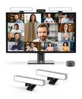 HighBeam Pro Video Conference Lighting Kit For Zoom And Streaming with dual ring light and monitor mount in front of screen.
