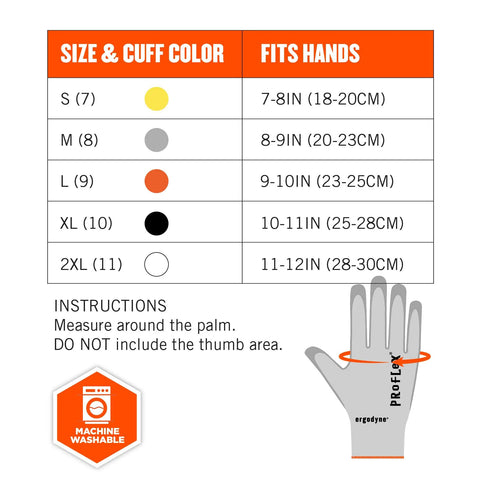 ProFlex 7030 Cut Resistant Work Gloves size chart with cuff colors and hand measurements for accurate fit.