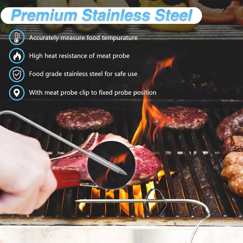 BBQ Thermometer Probes Kit For Wood Pellet Grills With Clip Grommets And Silicone Meat Probe, probe checking meat on grill