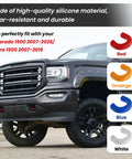 Extended Tow Hook Covers Front Kit For Silverado 1500 2007 To 2026 And GMC Sierra 1500 2007 To 2019 red covers shown on truck.