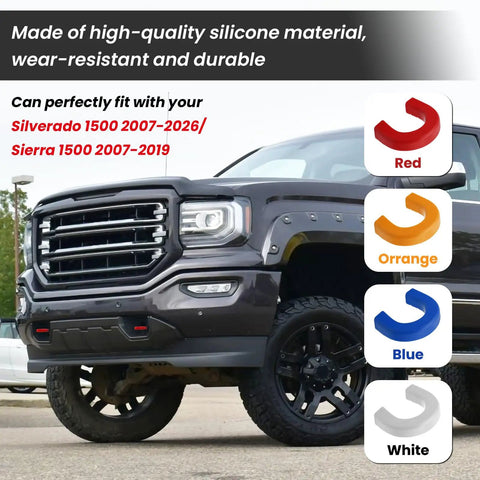 Extended Tow Hook Covers Front Kit For Silverado 1500 2007 To 2026 And GMC Sierra 1500 2007 To 2019 red covers shown on truck.