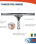 Pro Grade Stainless Steel 12 Inch Heavy Duty Window Squeegee For Streak Free Glass Cleaning Tough Handle With Ergonomic Grip.