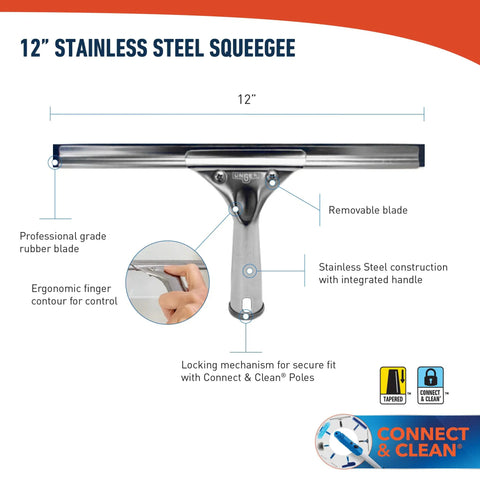 Pro Grade Stainless Steel 12 Inch Heavy Duty Window Squeegee For Streak Free Glass Cleaning Tough Handle With Ergonomic Grip.
