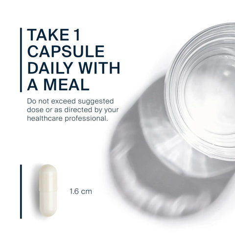 Glass of water and single lithium orotate 5mg capsule, promoting daily intake with meal for mood and memory support.