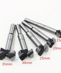 Heavy Duty Forstner Bit Set With Carbide Tips And High Speed Steel Shank Smooth As Silk Wood Drill Bits 15mm To 35mm Five Piece Kit showing five drill bits.