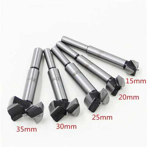 Heavy Duty Forstner Bit Set With Carbide Tips And High Speed Steel Shank Smooth As Silk Wood Drill Bits 15mm To 35mm Five Piece Kit showing five drill bits.