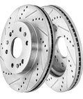 Front Brake Kit For Chevy GMC Silverado Suburban Sierra Yukon XL 1500 Avalanche Tahoe Cadillac Escalade ESV EXT Drilled And Slotted Rotors With Ceramic Brake Pads Replacement, showcasing drilled and slotted rotors.