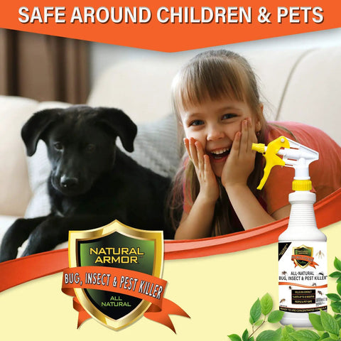 Child with dog next to All In One Indoor And Outdoor Pest Buster For Fleas Ticks Ants Spiders Bed Bugs Dust Mites 128 Oz bottle