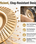 Gold finish Multi Disc Wood Carving Kit with tungsten carbide wheels, angle grinder usage, shown cutting wood efficiently