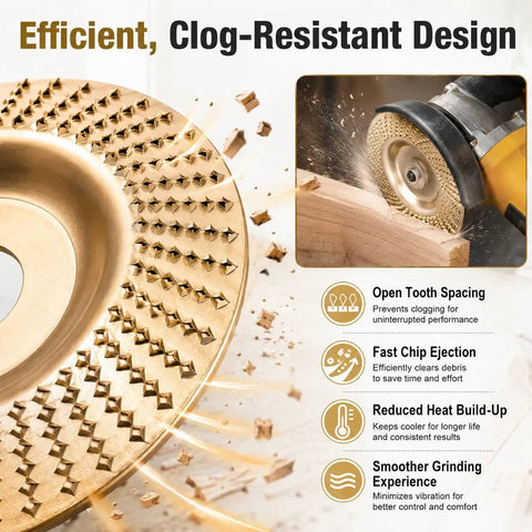 Gold finish Multi Disc Wood Carving Kit with tungsten carbide wheels, angle grinder usage, shown cutting wood efficiently