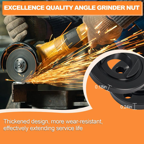 Heavy Duty 3 Piece Angle Grinder Nut And Wrench Set 5/8-11 Thread Replacement shown in use with sparks flying during grinding.