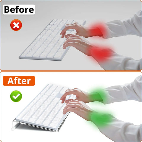 Comparison of typing posture before and after using Ergonomic Tilt Keyboard Stand With Clear Acrylic Tray And Silicone Anti Slip Case