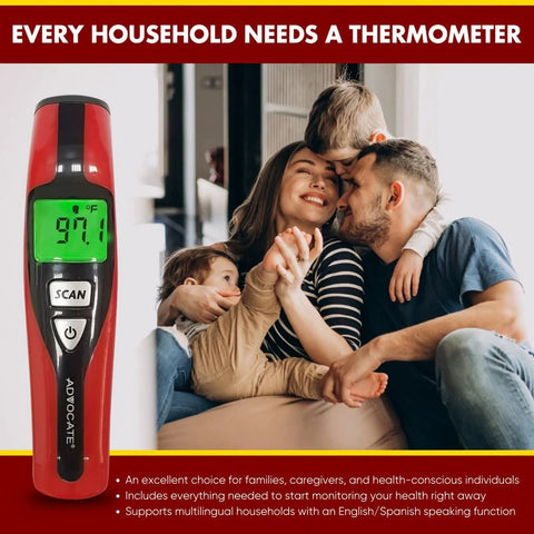 Speaking Non-Contact Infrared Thermometer For Home Use With English And Spanish Voice Fast No-Touch Forehead Readings In 1 Second Digital Thermometer For Adults Kids And Babies, red handheld digital display