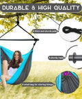 Outdoor Hanging Swing Chair For Adults, portable hammock chair, large, sky blue and dark gray, shown with pole and rope details.