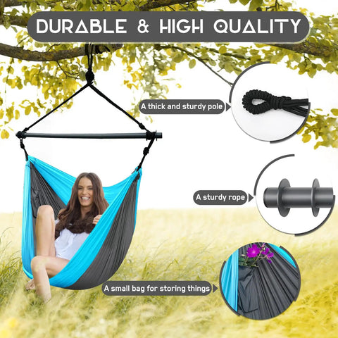 Outdoor Hanging Swing Chair For Adults, portable hammock chair, large, sky blue and dark gray, shown with pole and rope details.