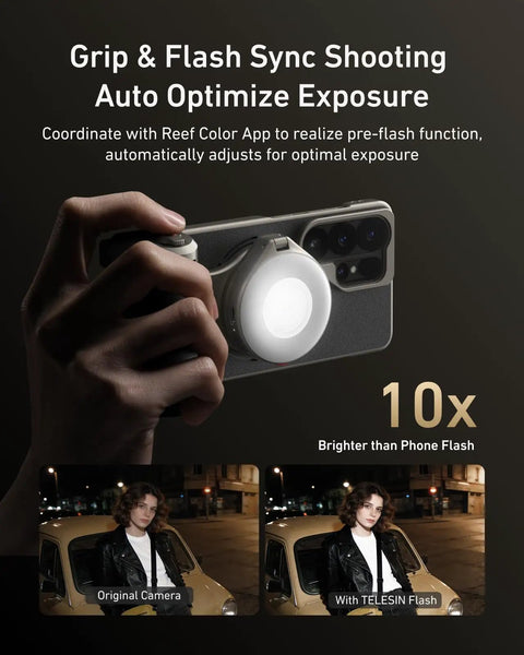 Person using Phone Camera Master Grip Kit For Samsung Galaxy S26 Ultra With Case And 10X Flash for enhanced photo exposure