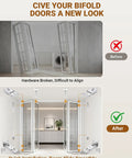 Before and after of bifold doors using Bifold Door Hardware Repair Kit 4 Pack for Sliding Closet Doors with top and bottom brackets.