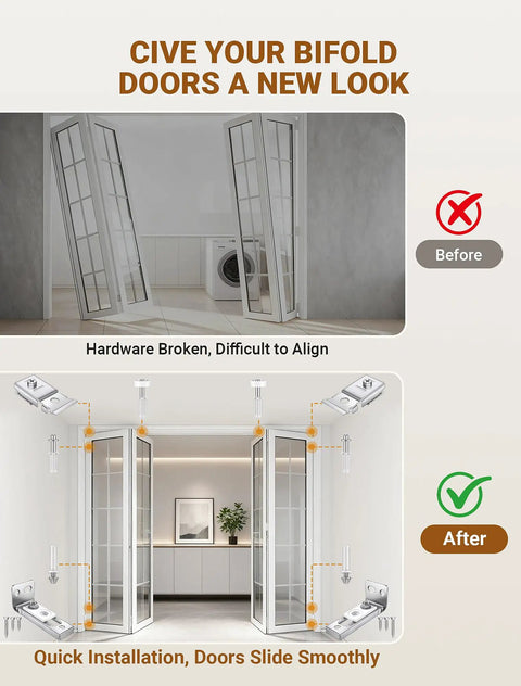 Before and after of bifold doors using Bifold Door Hardware Repair Kit 4 Pack for Sliding Closet Doors with top and bottom brackets.