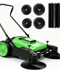 Heavy Duty 43 Inch Walk Behind Floor Sweeper Manual Push Broom For Warehouse And Shop Floors With A Beefy 15 Gallon Hopper and replaceable brushes.