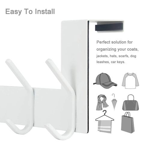 Over The Door Hooks White 6 Pack Towel Rack And Coat Hanger For Back Of Door Organization Fits Doors From One And Three Eighths To One And Three Quarters Inches Thick With Soft Sponge Padding To Prevent Scratches showing side view.