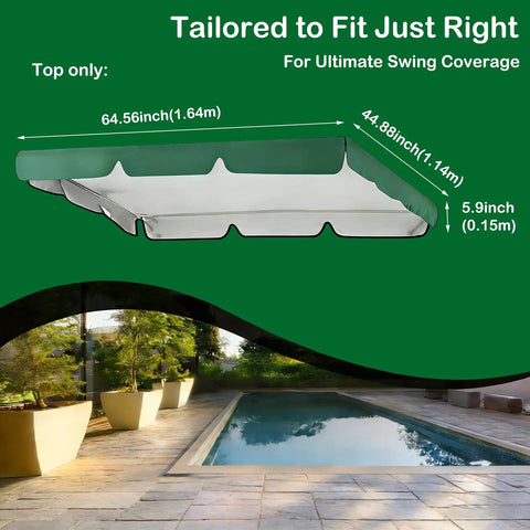 All Weather Patio Swing Canopy Replacement Cover For Outdoor Garden Yard Porch Two Seat Swing UV Waterproof 420D Oxford Cloth Green 65x45 Inches Heavy Duty Rain Snow Sun Protection Shade Built To Last with measurement details