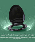 Soft Close Elongated Toilet Seat In Black With Quiet Close Lid, contoured comfort, stain-resistant plastic, modern.