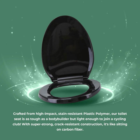 Soft Close Elongated Toilet Seat In Black With Quiet Close Lid, contoured comfort, stain-resistant plastic, modern.