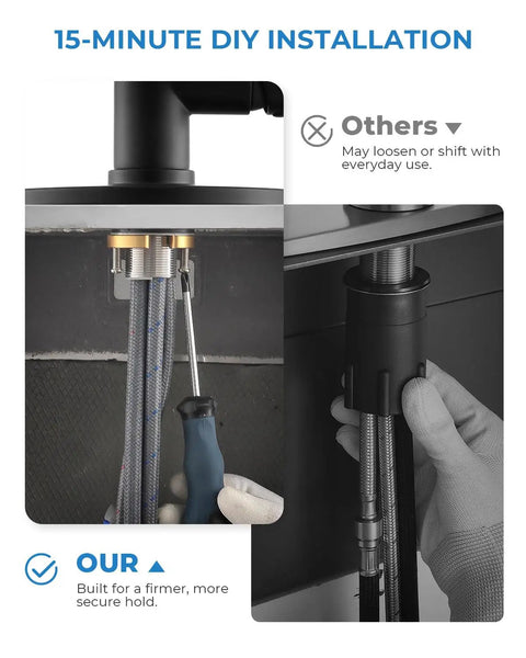 VFAUOSIT Kitchen Faucet with Pull Down Sprayer, Matte Black High Arc installation illustration with tools and hoses.
