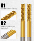 Dope Pro Grade 10 Piece Titanium Coated End Mills Set With 1 Eighth Inch Shank Micro Engraving Router Bits For CNC Machines And Rotary Tools, 0.8 To 3mm Milling Range, showing close-up of TIN coated tips.