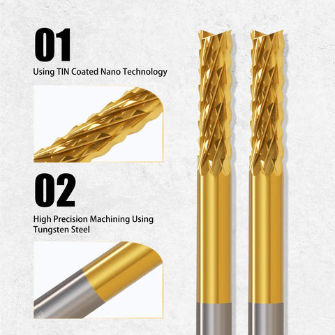 End Mill Sets 10-Piece Titanium Coated 1/8 Inch Shank Micro Engraving Bits CNC Router Bits For Rotary Tools High Precision Carbide Milling showcasing TIN Coated Nano Technology and precision machining with tungsten steel.