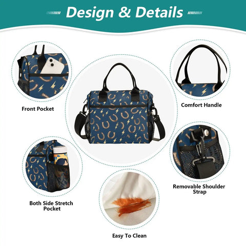 Horseshoe Insulated Lunch Box With Lightning Bolt Design, Keeps Meals Fresh On The Go, Durable Nylon Exterior With Pearl Cotton Insulation, Spacious Small Or Medium Size For Work Or School, Easy To Clean And Carry All Day, front view with pockets and strap