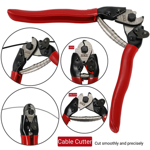 Close-up of red and black cable cutter from 91 Piece Bike Cable Kit With Cutter, showing lock mechanism and cutting action.