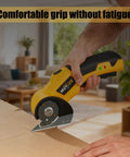 Heavy Duty Cordless Electric Scissors And Cardboard Cutter For Fabric, Plastic, Wood And Wrapping Paper With Safety Lock And LED Light cutting cardboard.