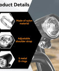 Ultra Bright Led Bike Front Light For Night Riding 12 Volt To 60 Volt Compatible Waterproof 2 Pin Connector Road And Mountain Bikes Front Light High Power Headlamp With 15 Inch Cable Durable Easy To Mount displayed on bike handlebar with product material details
