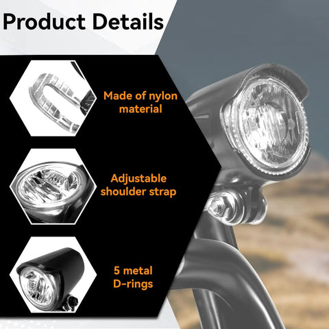 Ultra Bright Led Bike Front Light For Night Riding 12 Volt To 60 Volt Compatible Waterproof 2 Pin Connector Road And Mountain Bikes Front Light High Power Headlamp With 15 Inch Cable Durable Easy To Mount displayed on bike handlebar with product material details