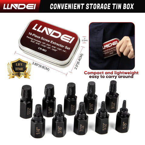 Screw Extractor Set 10 Piece Hex Head Easy Outs For Stripped Fasteners MultiSpline EZ Out Kit in storage tin, CRMO hardened extractors