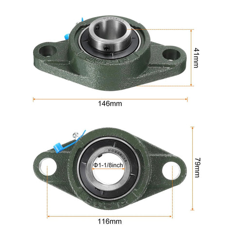 2-pack uxcell UCFL206-18 pillow block bearings, 1-1/8 in bore, green cast-iron base, chrome steel bearings