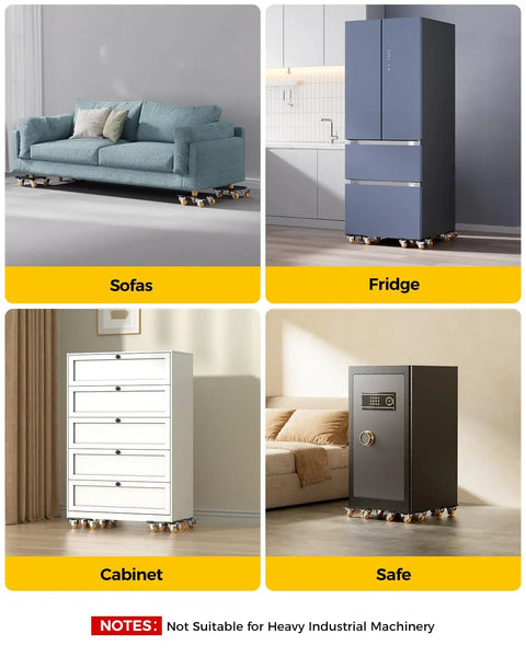 Heavy Duty Furniture Dolly Featuring Silent Smooth Rollers And Slick Floor Friendly Plate For Zero Sweat Moving Couches Or Pianos Up To Two Thousand Pounds Solid Carbon Steel Platform under a sofa and fridge.