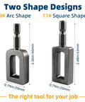 Heavy-Duty Wire Twister Tool For Drill With One Quarter Inch Hex Shank, featuring 9# arc shape and 11# square shape designs.