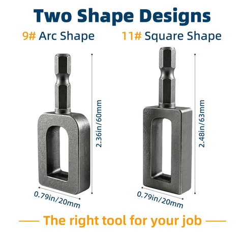 Heavy-Duty Wire Twister Tool For Drill With One Quarter Inch Hex Shank, featuring 9# arc shape and 11# square shape designs.