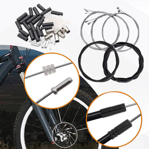 Universal Bicycle Brake Cable And Shift Cable And Housing Kit with end caps, O-rings, cables, and housings for bike repair.