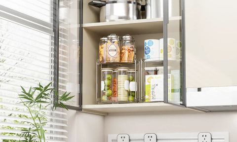Totally Slick No Hassle 360 Spin Vanity Organizer, clear acrylic, keeps skincare visible in cabinet with jars.