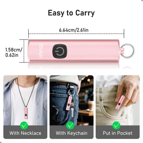 EDC Rechargeable Keychain Flashlight 360 Lumen Mini Pocket Light shown with dimensions, necklace, keychain, and pocket use